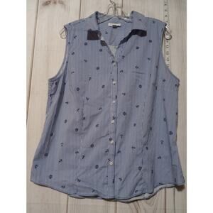 Charter Club Shirt Womens 18 Nautical Anchor Stripe Sleeveless‎ Button Up Top
